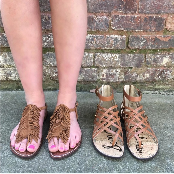 Saddle Kid Suede Leather T Strap Fringe Sandals - Picture 3 of 3